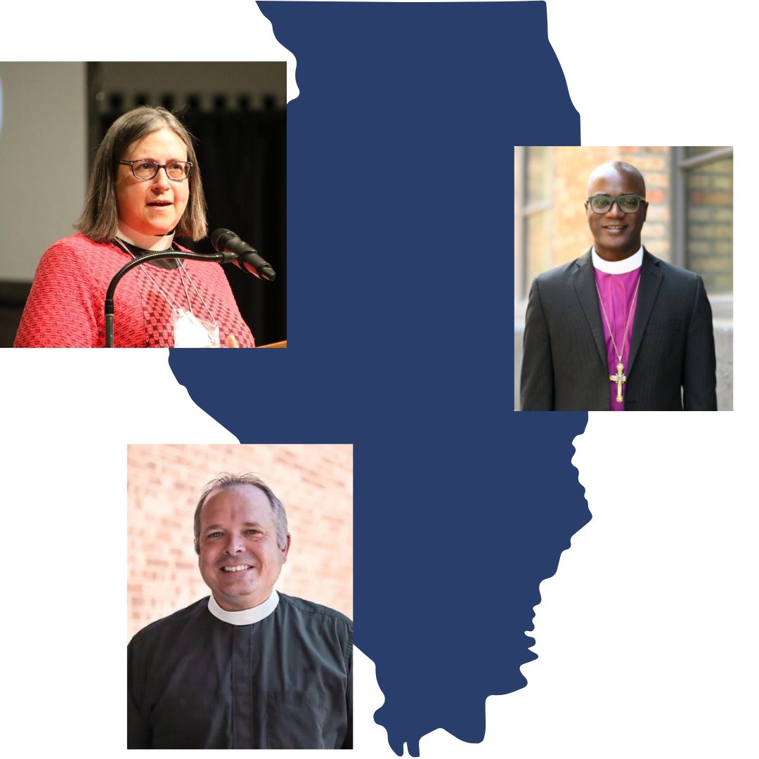 The three Illinois bishops with the state of Illinois in the background.